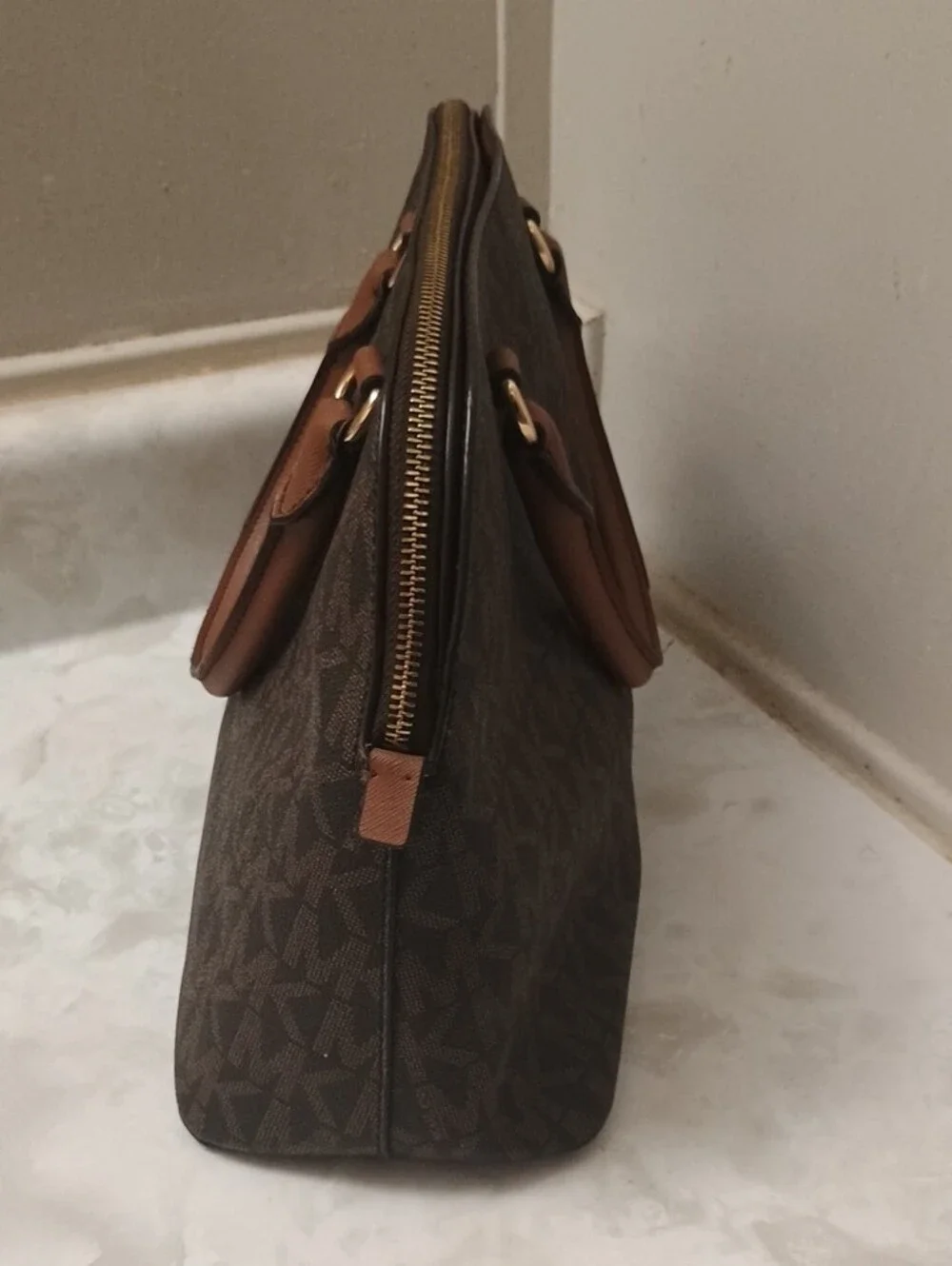 Michael Kors Brown Monogram Dome Satchel with Tan Trim